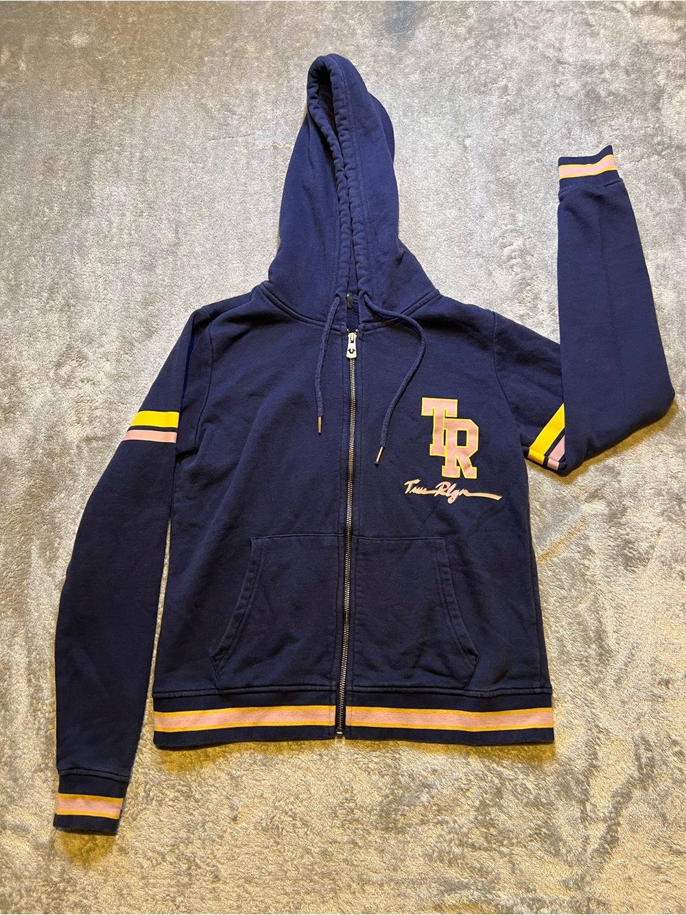 True Religion Navy Zip Hoodie with Yellow & Pink TR Patch